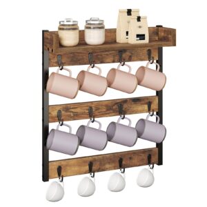 YATINEY Coffee Mug Holder Stand, 3 Tier Mug Tree Holder Rack, Mug Cup Rack Stand, Coffee Mug Rack can Hanging 12 Cups, with Top Shelf, for Kitchen and Coffee Station, Rustic Brown MH42BR