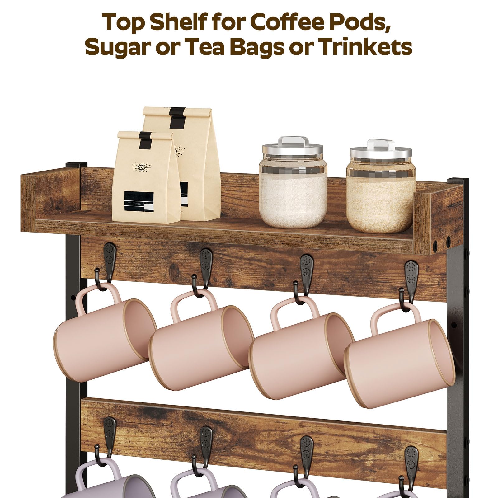 YATINEY Coffee Mug Holder Stand, 3 Tier Mug Tree Holder Rack, Mug Cup Rack Stand, Coffee Mug Rack can Hanging 12 Cups, with Top Shelf, for Kitchen and Coffee Station, Rustic Brown MH42BR