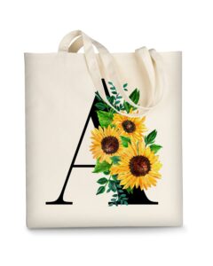 ausvkai canvas tote bag aesthetic for women, cute sunflower initial trendy monogram personalized initial birthday reusable cloth cotton bags with handle for grocery college shopping beach