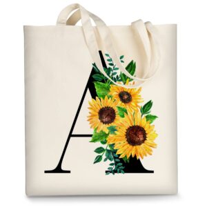 AUSVKAI Canvas Tote Bag Aesthetic for Women, Cute Sunflower Initial Trendy Monogram Personalized Initial Birthday Reusable Cloth Cotton Bags with Handle for Grocery College Shopping Beach