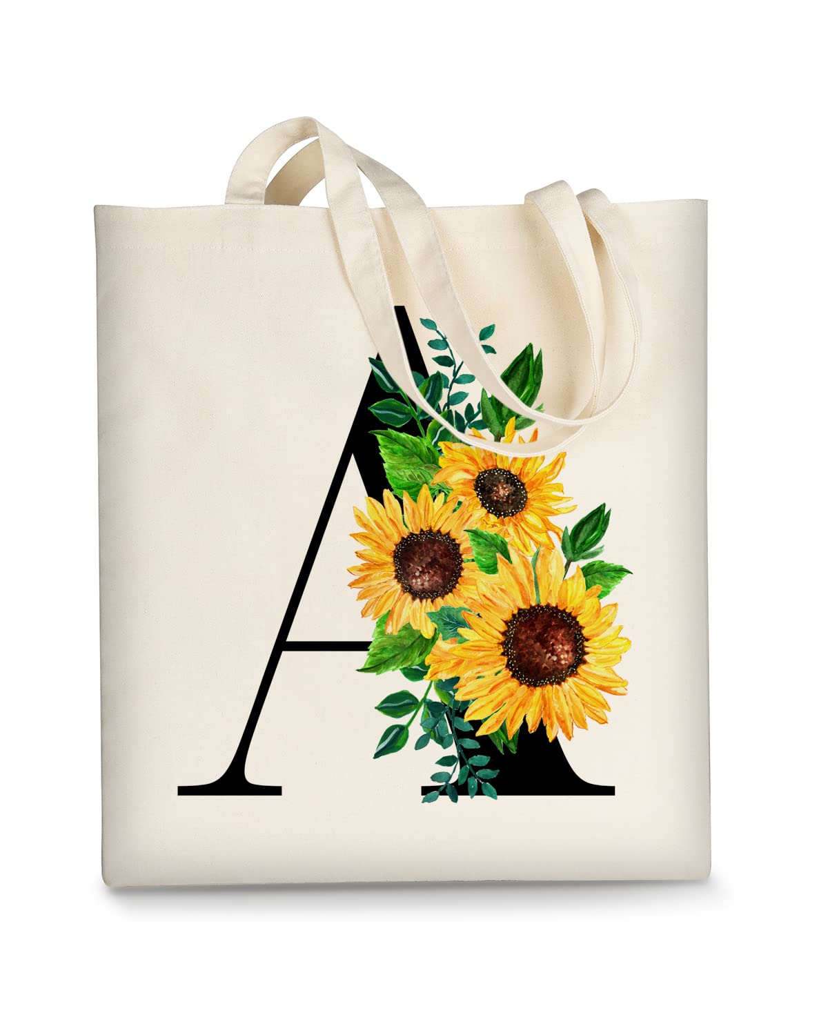 AUSVKAI Canvas Tote Bag Aesthetic for Women, Cute Sunflower Initial Trendy Monogram Personalized Initial Birthday Reusable Cloth Cotton Bags with Handle for Grocery College Shopping Beach