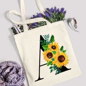 AUSVKAI Canvas Tote Bag Aesthetic for Women, Cute Sunflower Initial Trendy Monogram Personalized Initial Birthday Reusable Cloth Cotton Bags with Handle for Grocery College Shopping Beach