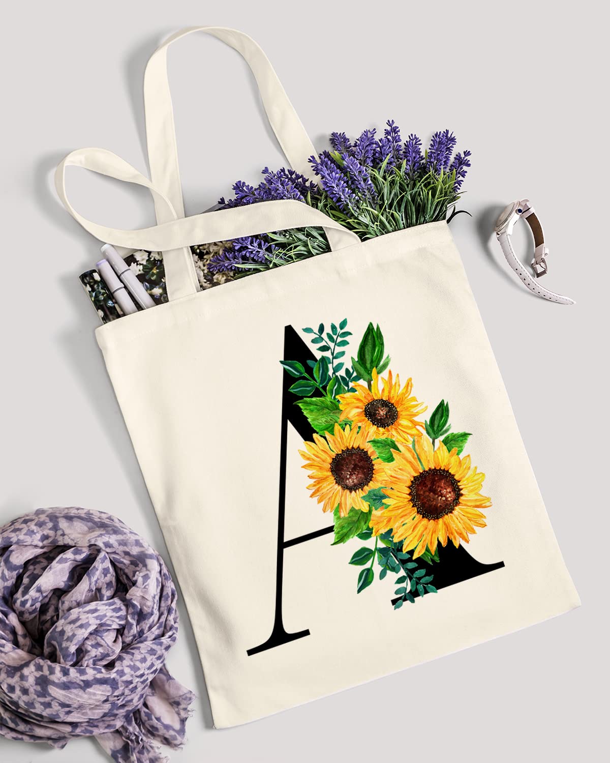 AUSVKAI Canvas Tote Bag Aesthetic for Women, Cute Sunflower Initial Trendy Monogram Personalized Initial Birthday Reusable Cloth Cotton Bags with Handle for Grocery College Shopping Beach