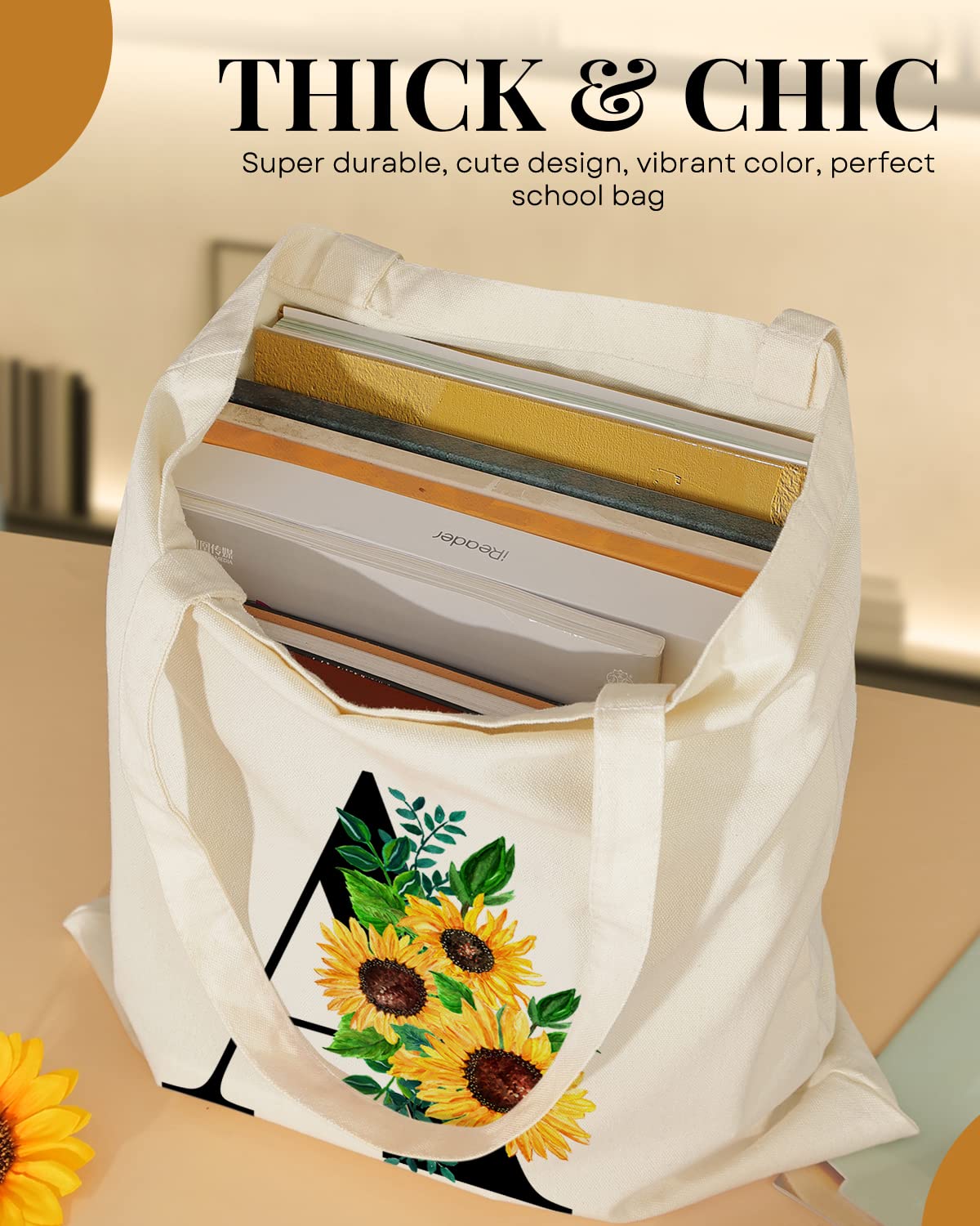 AUSVKAI Canvas Tote Bag Aesthetic for Women, Cute Sunflower Initial Trendy Monogram Personalized Initial Birthday Reusable Cloth Cotton Bags with Handle for Grocery College Shopping Beach