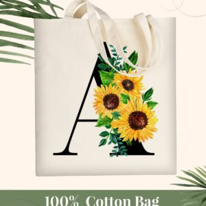 AUSVKAI Canvas Tote Bag Aesthetic for Women, Cute Sunflower Initial Trendy Monogram Personalized Initial Birthday Reusable Cloth Cotton Bags with Handle for Grocery College Shopping Beach