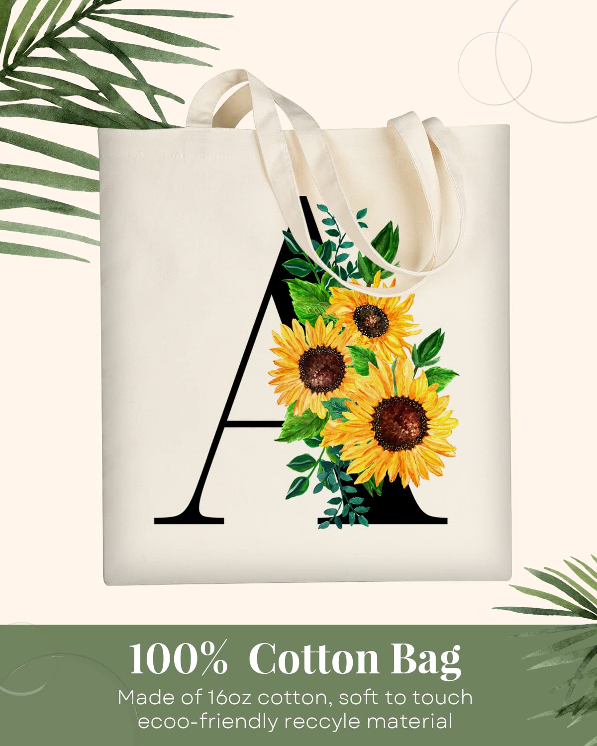 AUSVKAI Canvas Tote Bag Aesthetic for Women, Cute Sunflower Initial Trendy Monogram Personalized Initial Birthday Reusable Cloth Cotton Bags with Handle for Grocery College Shopping Beach