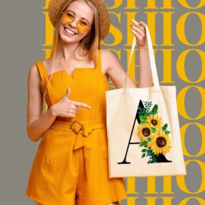 AUSVKAI Canvas Tote Bag Aesthetic for Women, Cute Sunflower Initial Trendy Monogram Personalized Initial Birthday Reusable Cloth Cotton Bags with Handle for Grocery College Shopping Beach