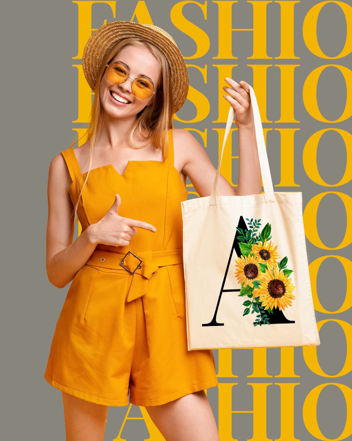 AUSVKAI Canvas Tote Bag Aesthetic for Women, Cute Sunflower Initial Trendy Monogram Personalized Initial Birthday Reusable Cloth Cotton Bags with Handle for Grocery College Shopping Beach