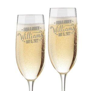 set of 2, personalized wedding champagne flutes glasses 8 oz. with box, custom engraved with names and date, toasting flutes gifts for bride, groom, newly weds (family name)