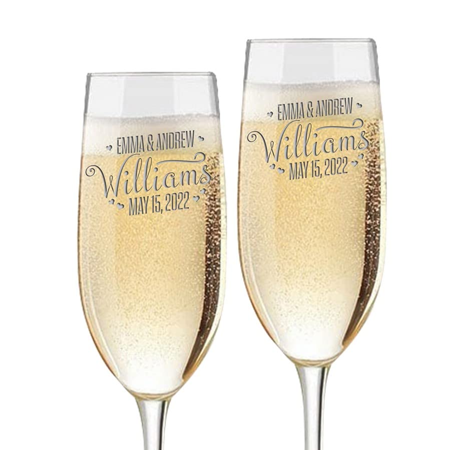 Set of 2, Personalized Wedding Champagne Flutes Glasses 8 oz. with Box, Custom Engraved with Names and Date, Toasting Flutes Gifts for Bride, Groom, Newly Weds (Family Name)