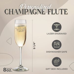 Set of 2, Personalized Wedding Champagne Flutes Glasses 8 oz. with Box, Custom Engraved with Names and Date, Toasting Flutes Gifts for Bride, Groom, Newly Weds (Family Name)