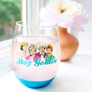 The Golden Girls "Stay Golden" Glitter Teardrop Stemless Wine Glass | Tumbler Cup For Mimosas, Cocktails | Holds 20 Ounces