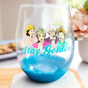 The Golden Girls "Stay Golden" Glitter Teardrop Stemless Wine Glass | Tumbler Cup For Mimosas, Cocktails | Holds 20 Ounces