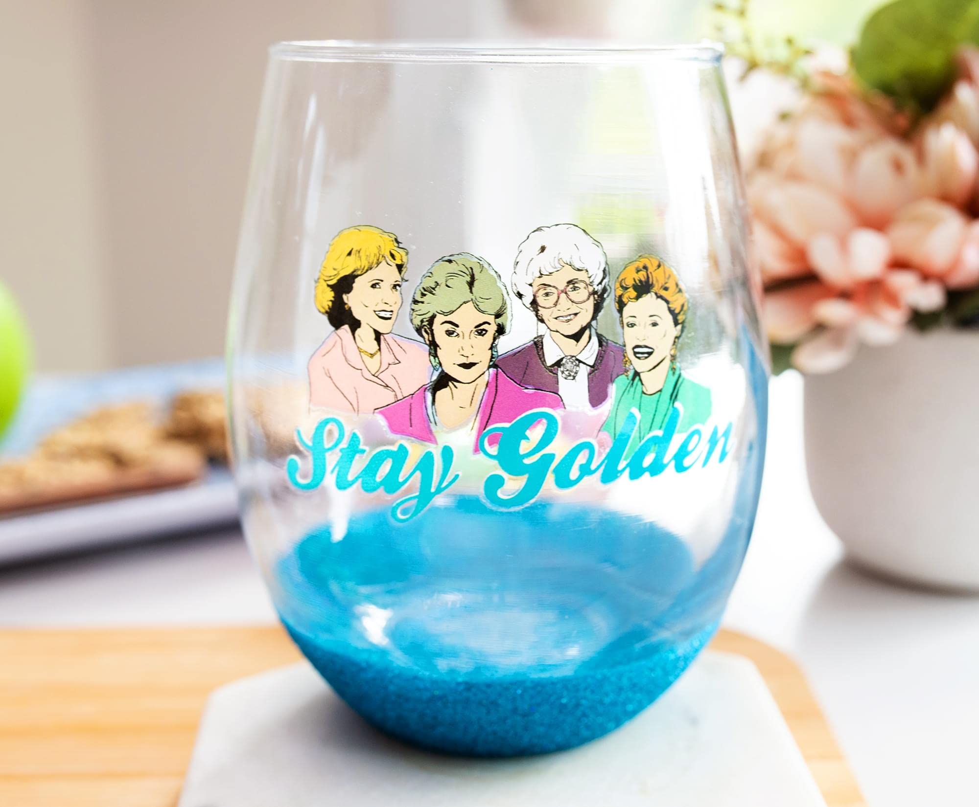 The Golden Girls "Stay Golden" Glitter Teardrop Stemless Wine Glass | Tumbler Cup For Mimosas, Cocktails | Holds 20 Ounces