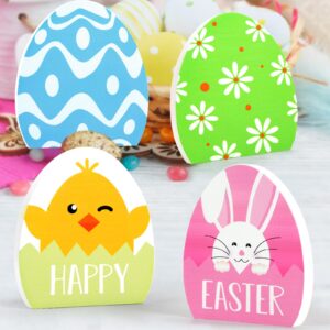 ryangic wooden easter egg decorations for the home easter table decor, 4pcs cute easter egg decor with double sided painted spring decorations easter tiered tray decor for party favors tabletop indoor