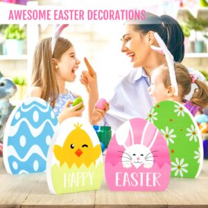 Ryangic Wooden Easter Egg Decorations for The Home Easter Table Decor, 4PCS Cute Easter Egg Decor with Double sided painted Spring Decorations Easter Tiered Tray Decor for Party Favors Tabletop Indoor