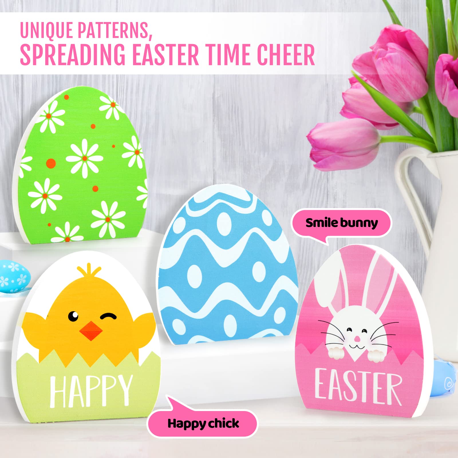 Ryangic Wooden Easter Egg Decorations for The Home Easter Table Decor, 4PCS Cute Easter Egg Decor with Double sided painted Spring Decorations Easter Tiered Tray Decor for Party Favors Tabletop Indoor