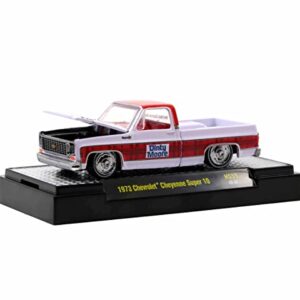 M2 1973 Chevy Cheyenne Super 10 Pickup White w/Red Top & Red Plaid Stripe Dinty Moore Ltd Ed to 9350 pcs 1/64 Diecast Model Car Machines 31500-HS33