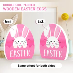 Ryangic Wooden Easter Egg Decorations for The Home Easter Table Decor, 4PCS Cute Easter Egg Decor with Double sided painted Spring Decorations Easter Tiered Tray Decor for Party Favors Tabletop Indoor