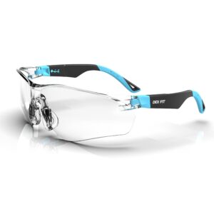 dex fit safety glasses sg210, z87 eye protection, anti-fog & scratch resistant, adjustable for women and men, uv protection (black & blue frame, clear lens)