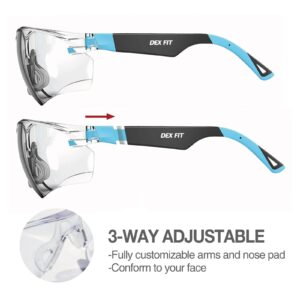 DEX FIT Safety Glasses SG210, Z87 Eye Protection, Anti-Fog & Scratch Resistant, Adjustable for Women and Men, UV Protection (Black & Blue Frame, Clear Lens)