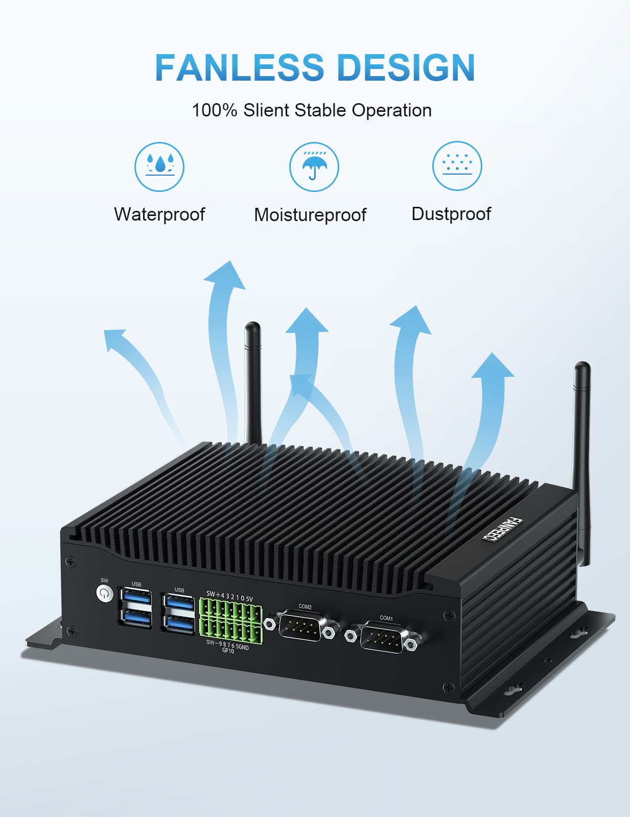 FANPEEC Core i5 8260U Fanless PC Windows 11 Pro Mini PC 8GB RAM 128GB SSD, Industrial PC 4K HD+HD+DP, WiFi 5, BT 4.2, GPIO, 2xGigabit LAN, Desktop PC Wake On LAN, Mini Computer