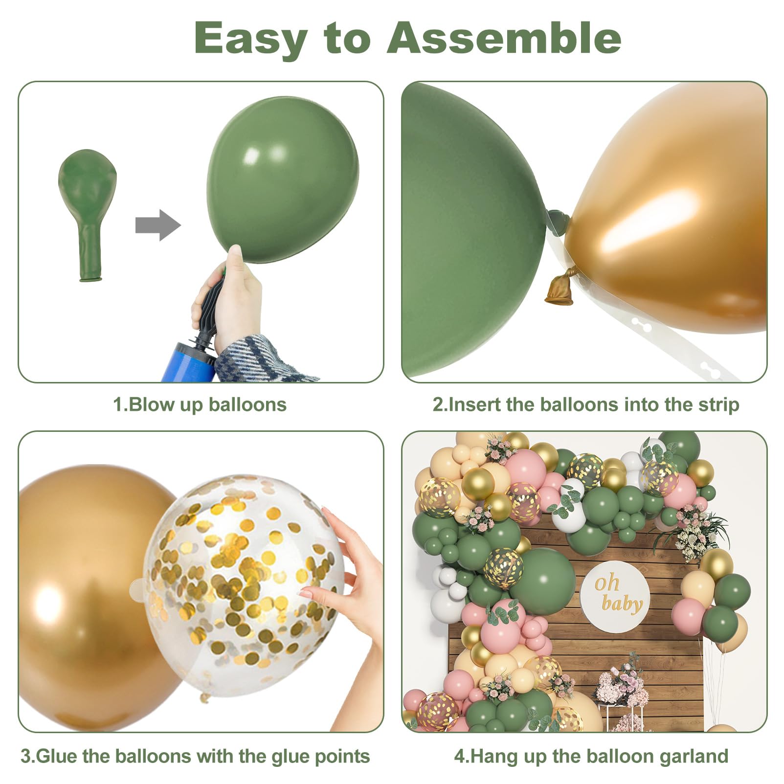 Amandir 166Pcs Sage Green Balloon Garland Arch Kit Olive Green Blush Peach White Gold Balloons Artificial Eucalyptus Stems Jungle Safari Baby Shower Birthday Party Baptism Decorations for Boys Girls