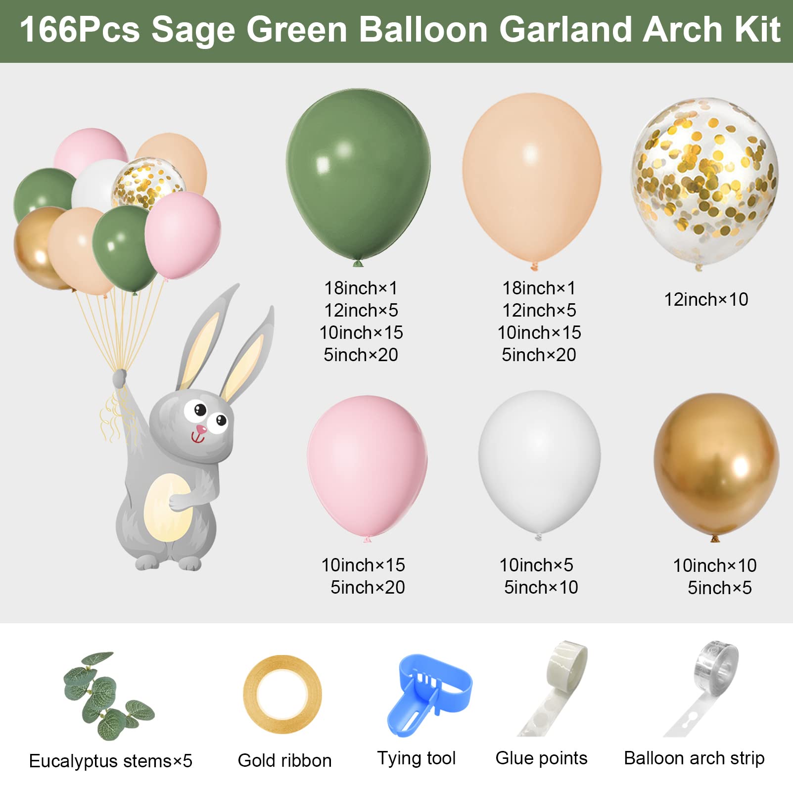 Amandir 166Pcs Sage Green Balloon Garland Arch Kit Olive Green Blush Peach White Gold Balloons Artificial Eucalyptus Stems Jungle Safari Baby Shower Birthday Party Baptism Decorations for Boys Girls