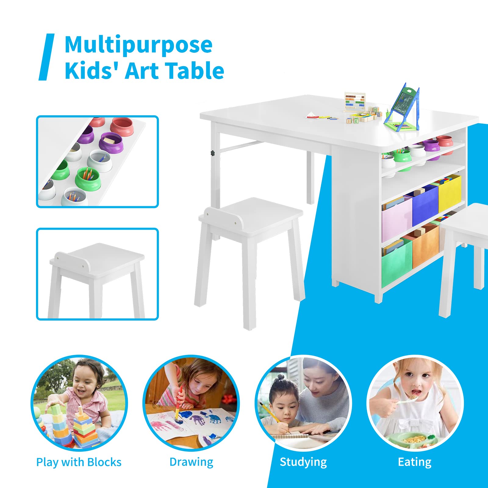 Mjkone Kids Art Table and 2 Chairs,Wooden Kid Craft Desk,Drawing and Painting Table Sets for Chirldren,Preschool Toddler Learning Furniture with Paper Roller,White