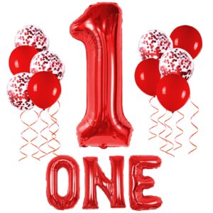 large - red one balloon for first birthday, 40 inch number 1 balloon, red 1st birthday balloons, confetti balloons, red 1 balloon 1st birthday decorations for boys, 1 year old balloon