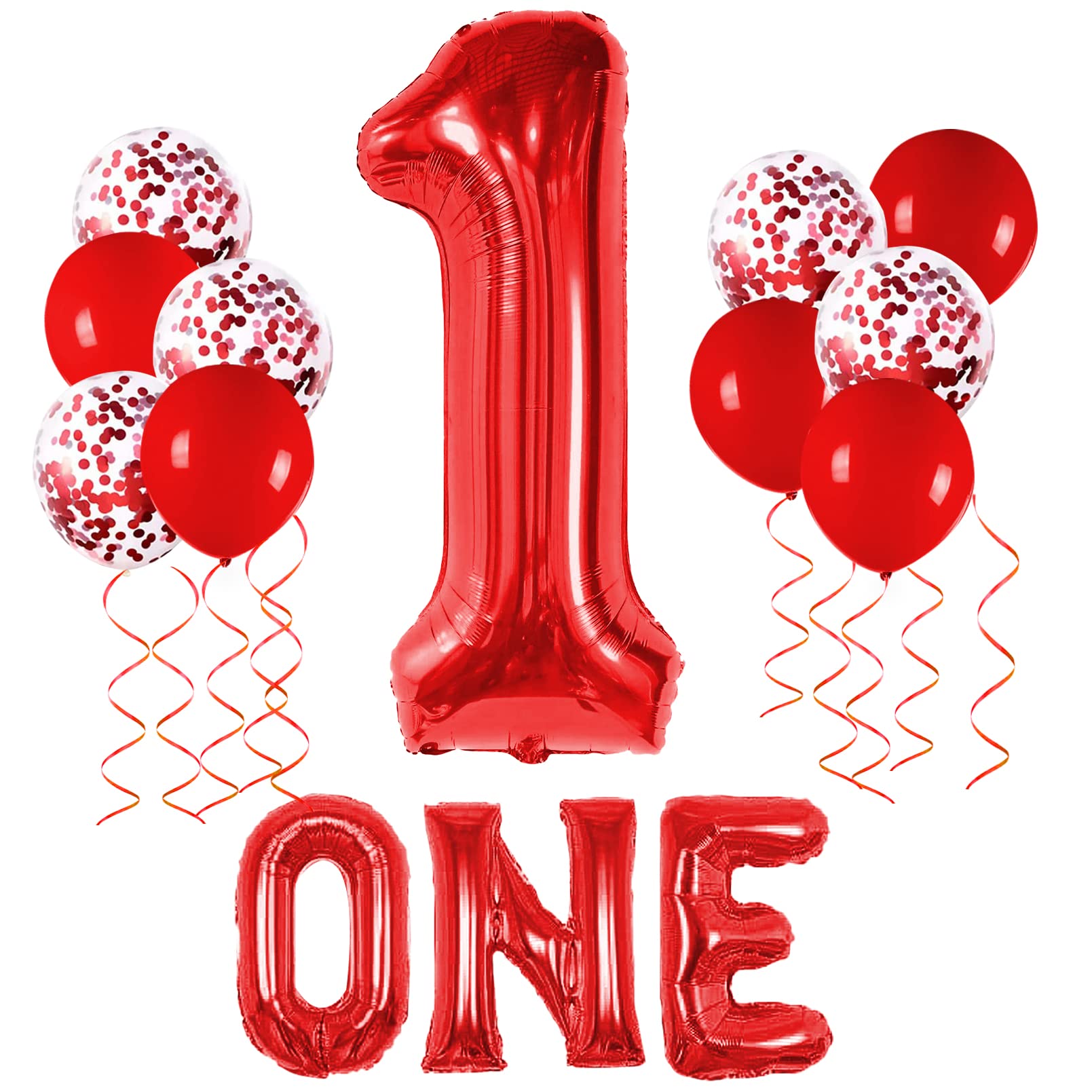 Large - Red One Balloon for First Birthday, 40 Inch Number 1 Balloon, Red 1st Birthday Balloons, Confetti Balloons, Red 1 Balloon 1st Birthday Decorations for Boys, 1 Year Old Balloon