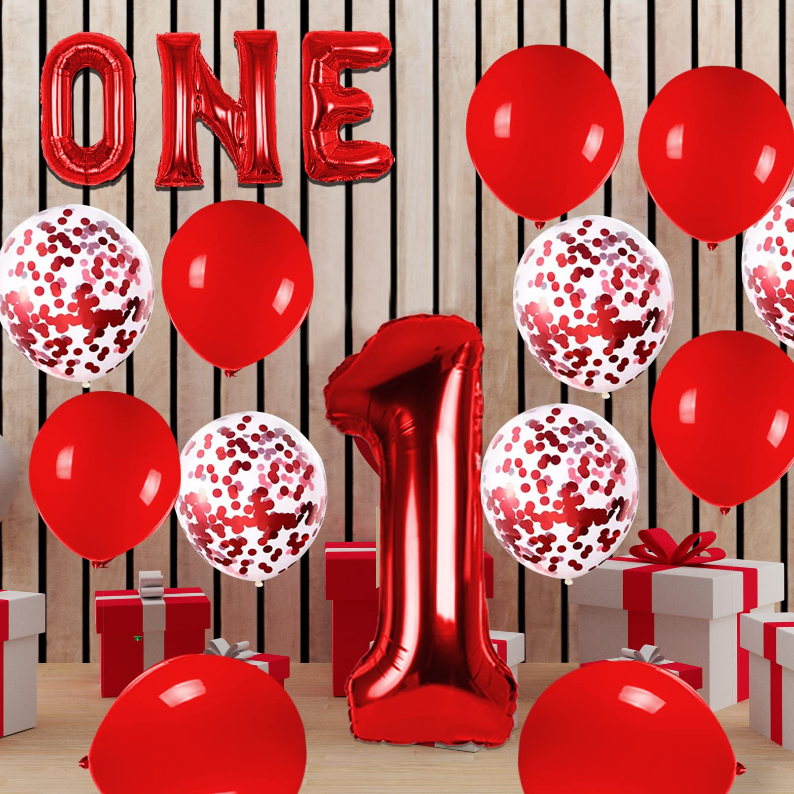 Large - Red One Balloon for First Birthday, 40 Inch Number 1 Balloon, Red 1st Birthday Balloons, Confetti Balloons, Red 1 Balloon 1st Birthday Decorations for Boys, 1 Year Old Balloon