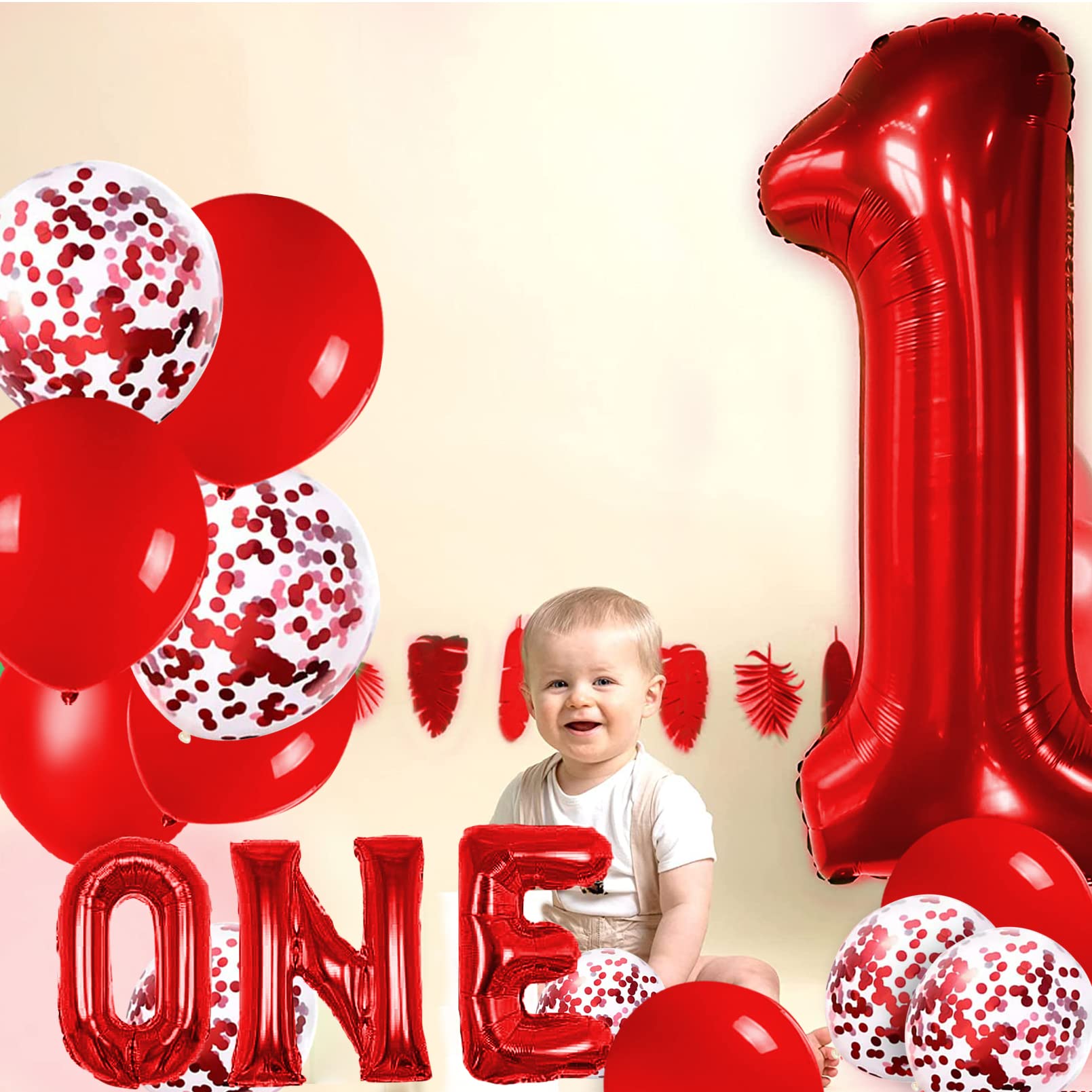 Large - Red One Balloon for First Birthday, 40 Inch Number 1 Balloon, Red 1st Birthday Balloons, Confetti Balloons, Red 1 Balloon 1st Birthday Decorations for Boys, 1 Year Old Balloon