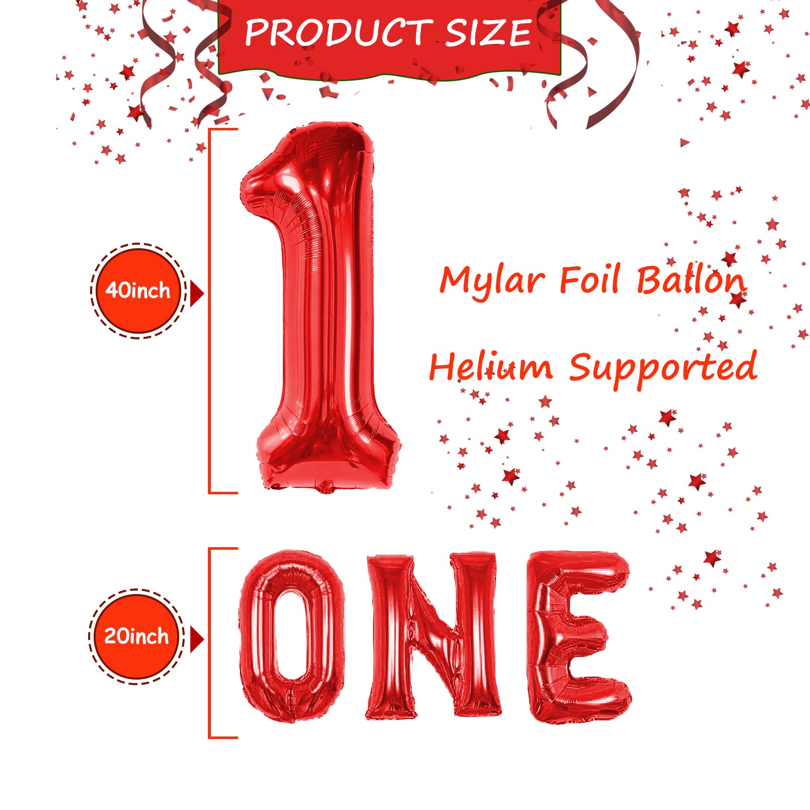 Large - Red One Balloon for First Birthday, 40 Inch Number 1 Balloon, Red 1st Birthday Balloons, Confetti Balloons, Red 1 Balloon 1st Birthday Decorations for Boys, 1 Year Old Balloon