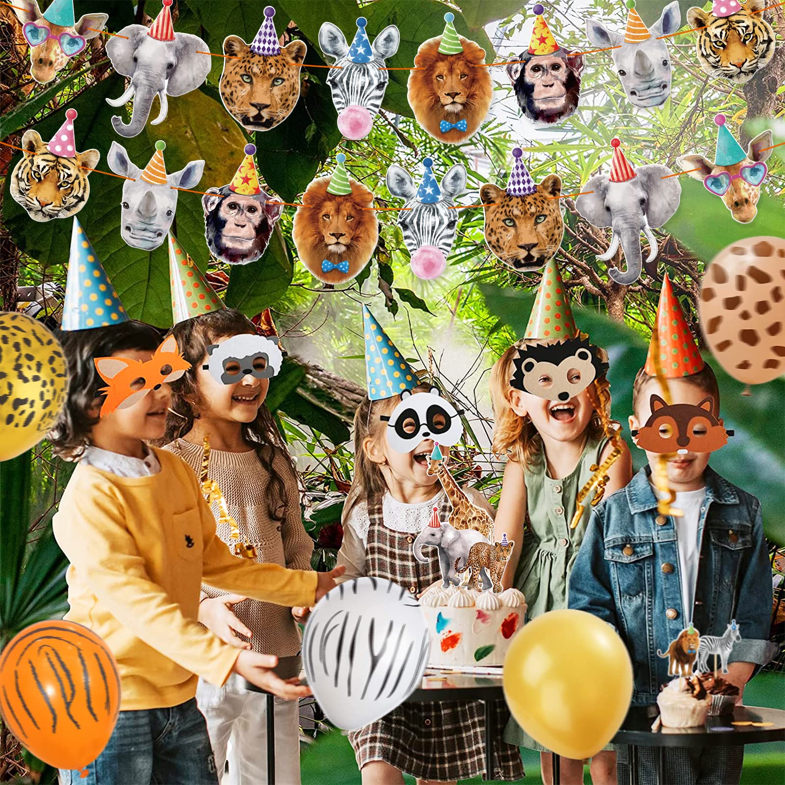 Safari Animals Party Decorations Party Animals Birthday Banner Cake Cupcake Toppers and Balloons for Boys Girls Wild Jungle Animals Birthday Supplies