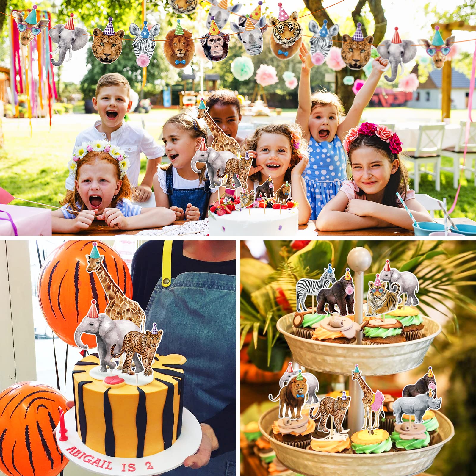 Safari Animals Party Decorations Party Animals Birthday Banner Cake Cupcake Toppers and Balloons for Boys Girls Wild Jungle Animals Birthday Supplies