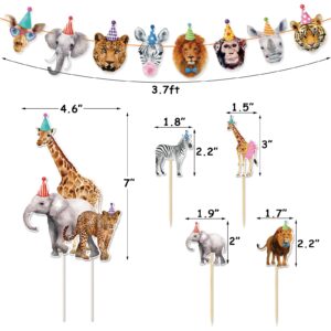 Safari Animals Party Decorations Party Animals Birthday Banner Cake Cupcake Toppers and Balloons for Boys Girls Wild Jungle Animals Birthday Supplies