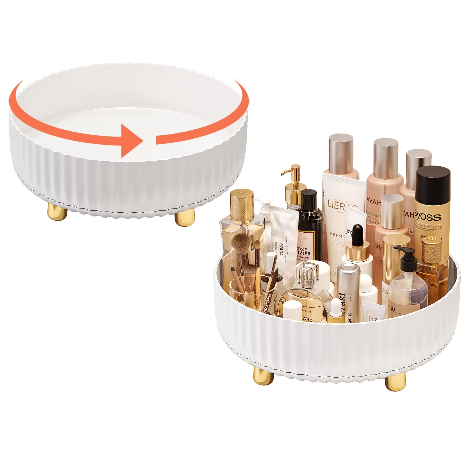 Saclsocs 2-Pack Makeup Organizer for Dresser, Perfume Tray, Hair Product Organizer, Lotion Organizer, 360 Degree Rotating Lazy Susan Cosmetic Storage, One-Tier, White