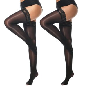manzi shiny thigh high stockings sexy lace top stay up silky sheer stocking shimmery tights for women 2 pairs pack(black,s-m)