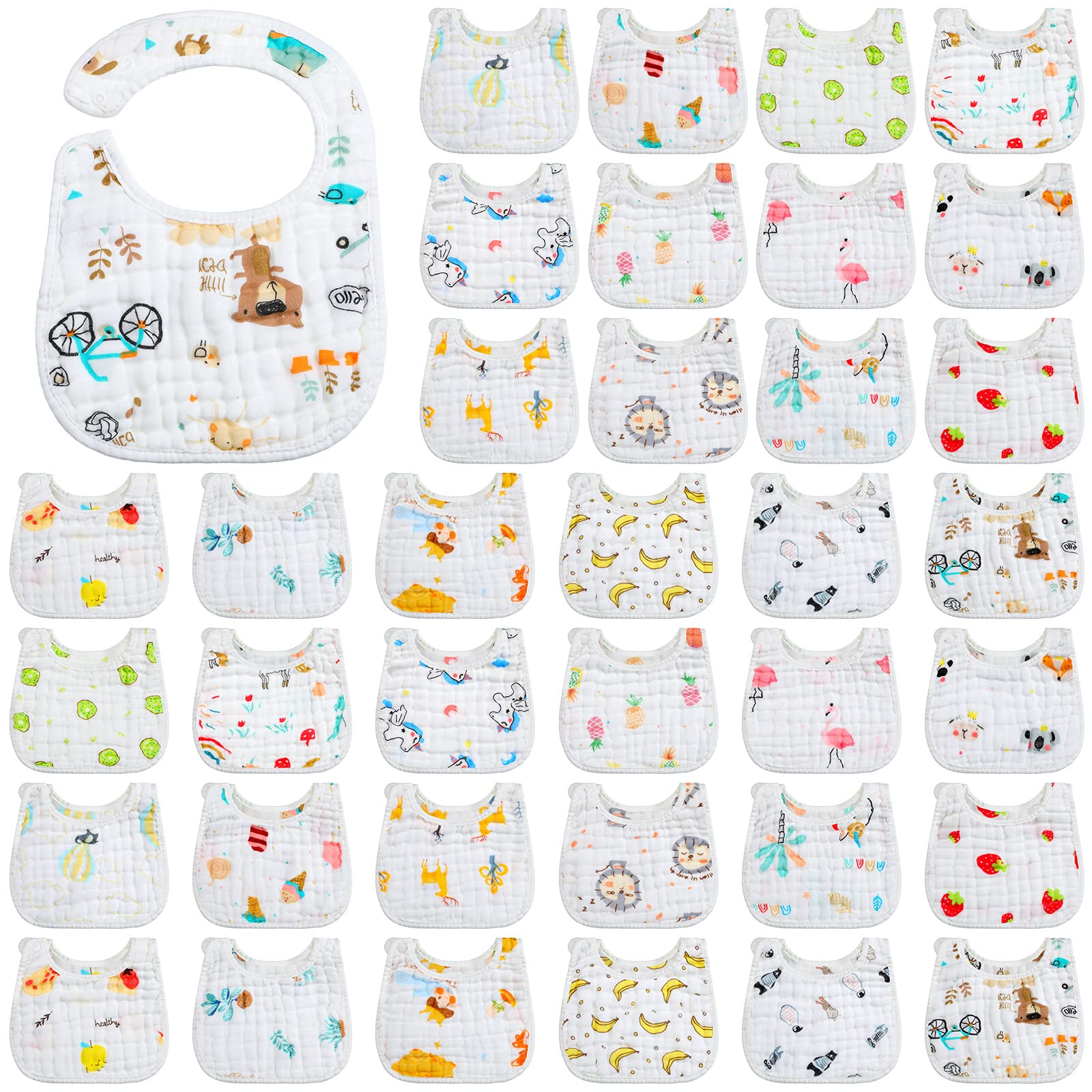 Hicarer 36 Pack Muslin Baby Bibs Bulk Adjustable Newborn Toddler Drool Snap Bibs 8 Layers Cotton Baby Boy Girl Bibs (U Shape)