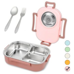 puraville stainless steel bento lunch box for kids and adults,stackable bpa-free food containers with 3 compartments and reusable sauce bowl, fork and spoon, (1000ml/34oz,pink) …