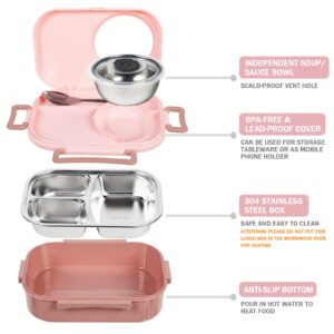 Puraville Stainless Steel Bento Lunch Box for Kids and Adults,Stackable BPA-Free Food Containers with 3 Compartments and Reusable Sauce Bowl, Fork and Spoon, (1000ml/34oz,Pink) …