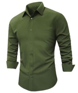 men's casual button-down shirt long sleeve regular fit dress clothes collared plain green xl camisa de hombre de vestir