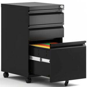 bizoeiron 3 drawer mobile file cabinet,under desk metal filing cabinet with lock and wheels for letter/legal/a4 size(black)