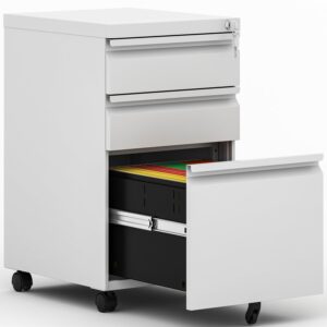 bizoeiron 3 drawer mobile file cabinet,under desk metal filing cabinet with lock and wheels for letter/legal/a4 size (white)