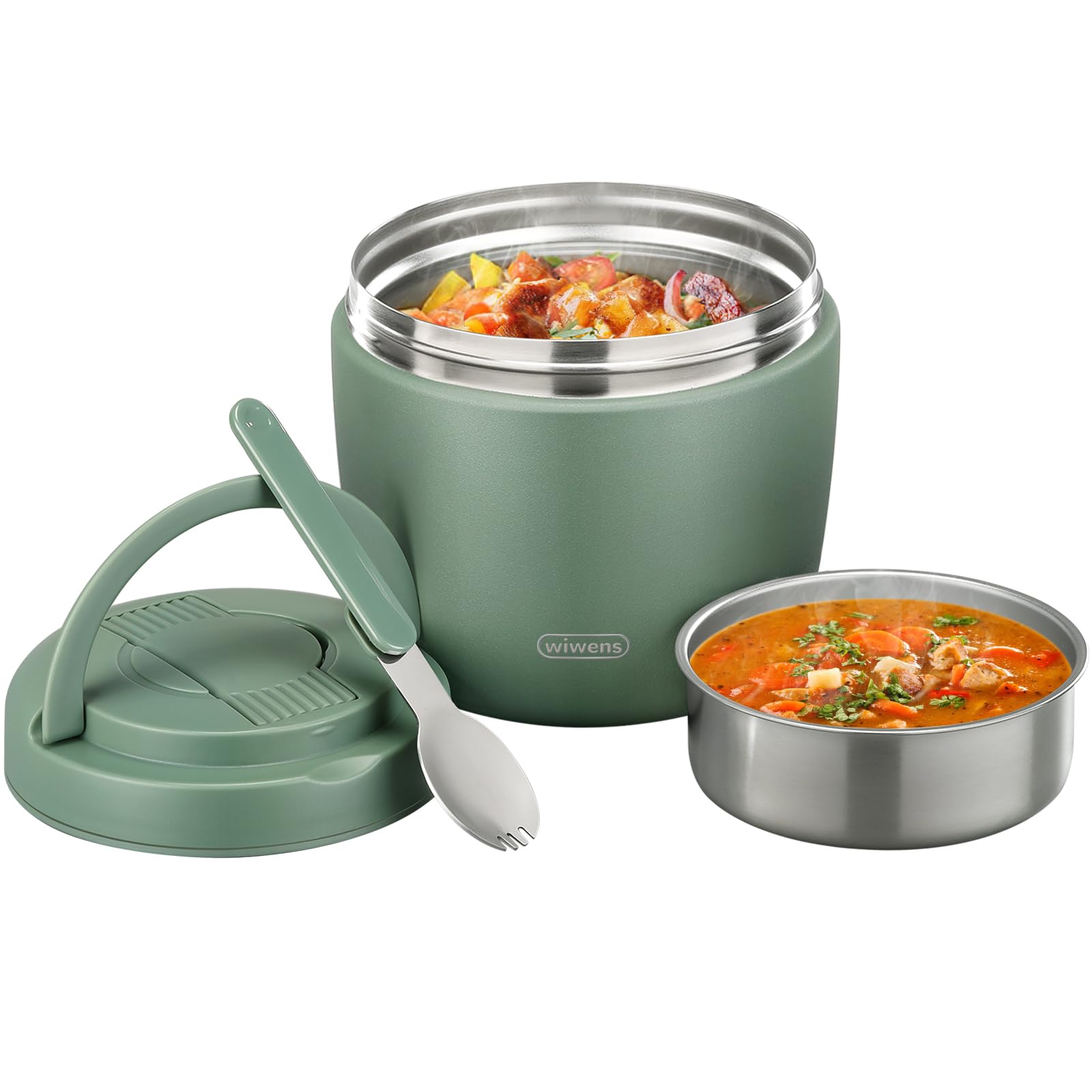 wiwens Thermo Food Jar for Hot Food Adults 32OZ Soup Thermo Lunch Containers Wide Mouth Vacuum Insulated Stainless Steel Leakproof Bento Box with Spoon (Green)