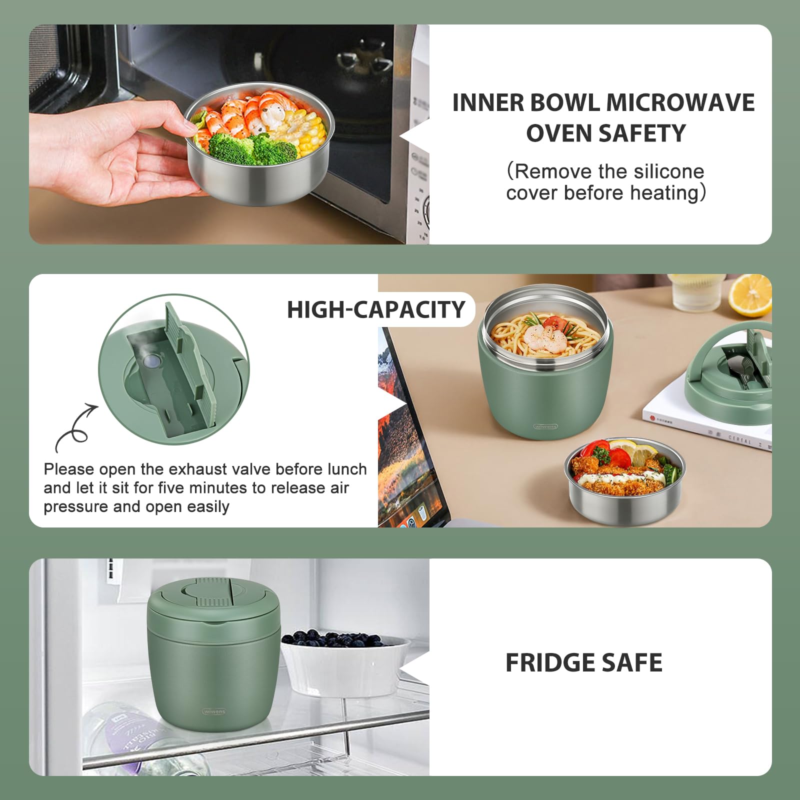 wiwens Thermo Food Jar for Hot Food Adults 32OZ Soup Thermo Lunch Containers Wide Mouth Vacuum Insulated Stainless Steel Leakproof Bento Box with Spoon (Green)