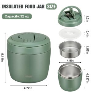 wiwens Thermo Food Jar for Hot Food Adults 32OZ Soup Thermo Lunch Containers Wide Mouth Vacuum Insulated Stainless Steel Leakproof Bento Box with Spoon (Green)