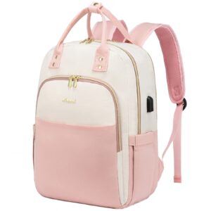 lovevook laptop backpack purse for women, 15.6 inch waterproof work laptop bag, large teacher nurse bag with usb port, business travel computer backpack, beige-pink