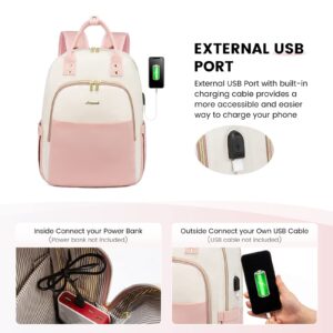 LOVEVOOK Laptop Backpack Purse for Women, 15.6 Inch Waterproof Work Laptop Bag, Large Teacher Nurse Bag with USB Port, Business Travel Computer Backpack, Beige-Pink